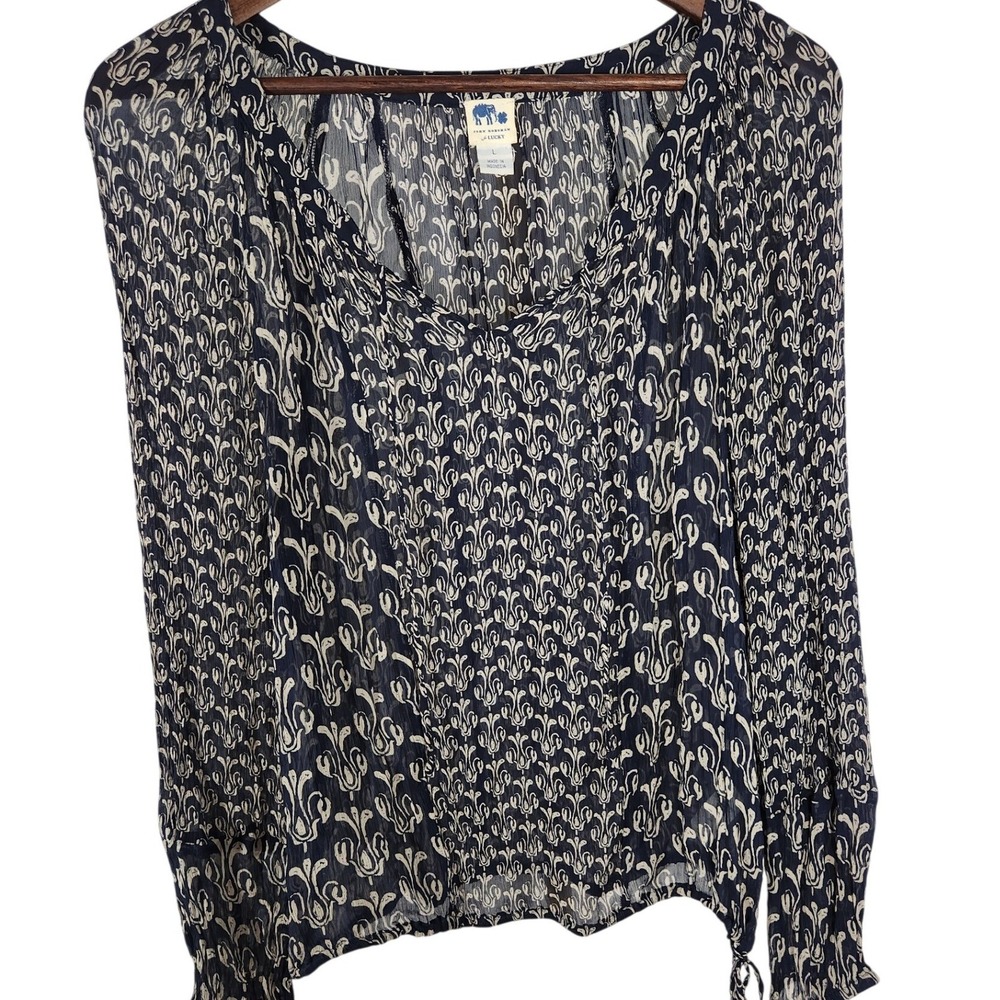 John Robshaw for Lucky Brand Sheer Navy Blue Print Long Sleeve Blouse Size Large